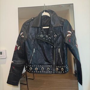 Embroidered Black Faux Leather Jacket